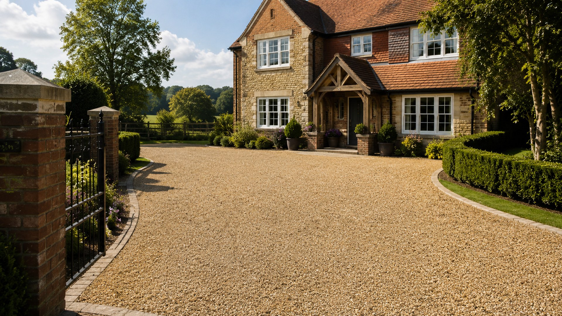 Gravel driveway with brick pillar entrance