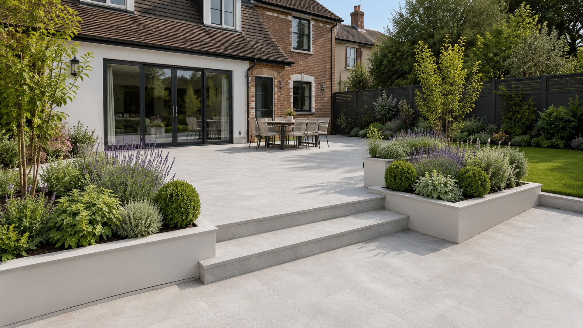 Porcelain patio by Cornerstone with raised planters